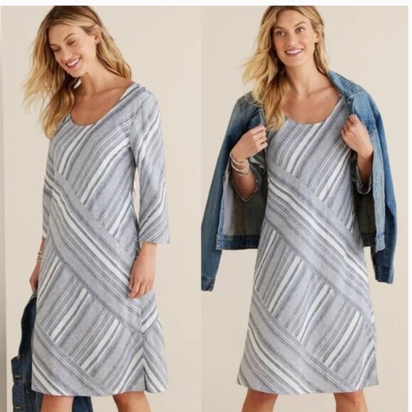 Nwot Soft Surroundings Sonya Linen Dress Striped Pockets  L - Picture 2 of 15